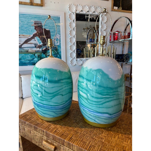 Blue Vintage Pair Ceramic Watercolor Blue Green Modern Coastal Table Lamps Rewired For Sale - Image 8 of 12