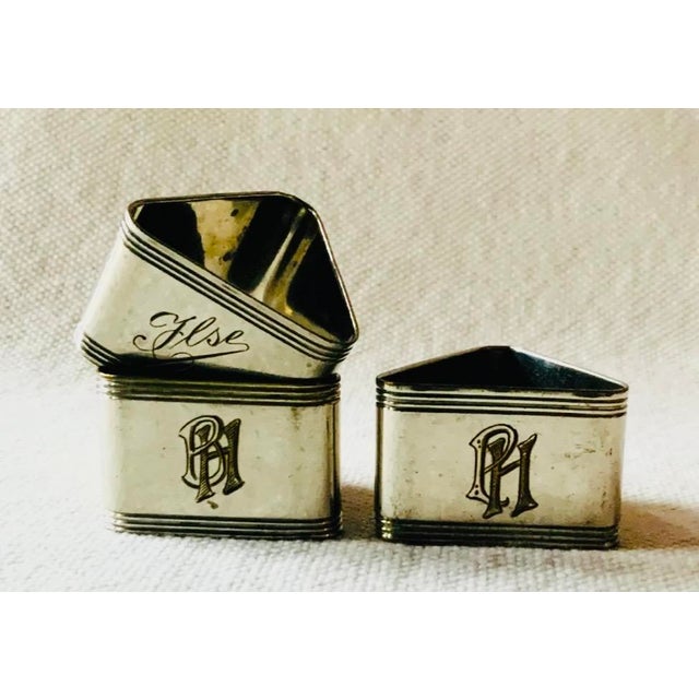 1930s Art Deco Silver-Plated Triangle Napkin Rings, Monogrammed - 3 pcs For Sale - Image 15 of 15