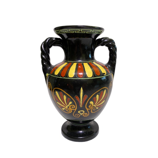 Mediterranean Mid 20th Century Greek Pottery Black Urn With Twisted Handles For Sale - Image 3 of 10