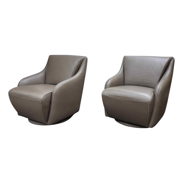 W. Schillig Leather Nikki Swivel Lounge Chairs, a Pair For Sale
