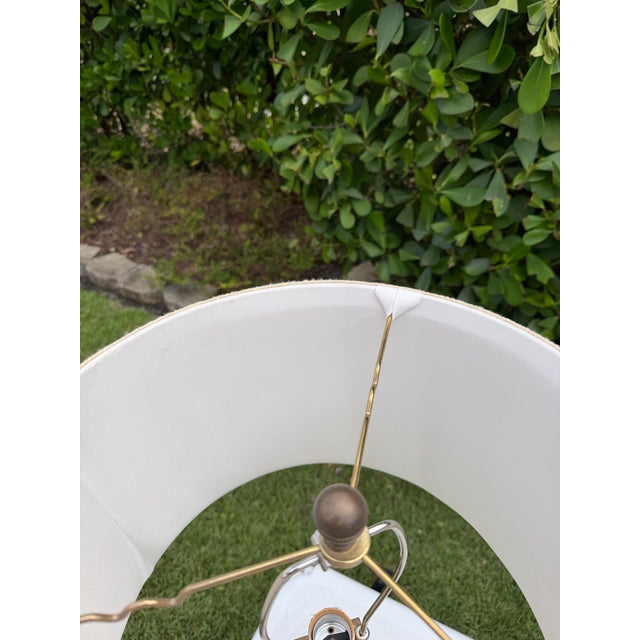 Vintage Greek Key Geometric Brass Table Lamp With Linen Shade For Sale - Image 11 of 12