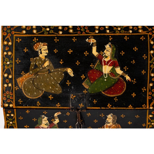 Vintage Rajasthani Indian Hand Painted Wood Jewelry Dowry Box For Sale - Image 10 of 13