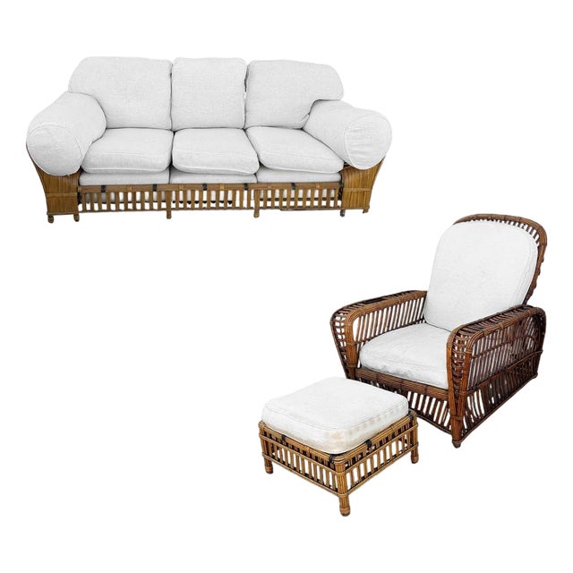 1980s Stick Reed Rattan Sofa & Chair Living Room Set W/ Overstuffed Cushions For Sale