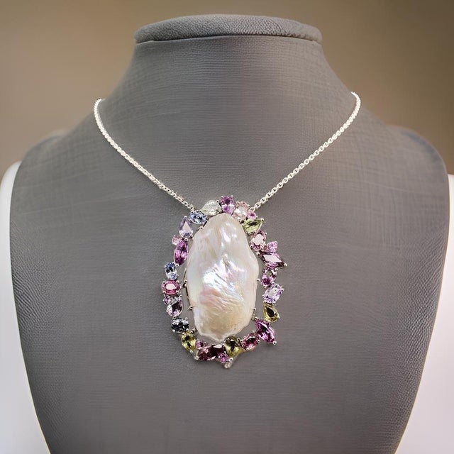 Sapphire Pearl Necklace 14k White Gold 5 TCW Certified For Sale - Image 9 of 12