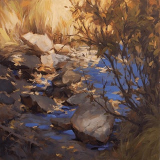 Leaving Behind by Judd Mercer | Oil on panel Landscape with water, rocks, and autumn foliage For Sale
