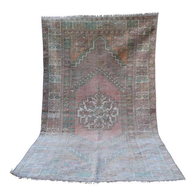 Distressed Turkish Oushak Hand Knotted Floor Rug - 3'6'' X 6'3' For Sale