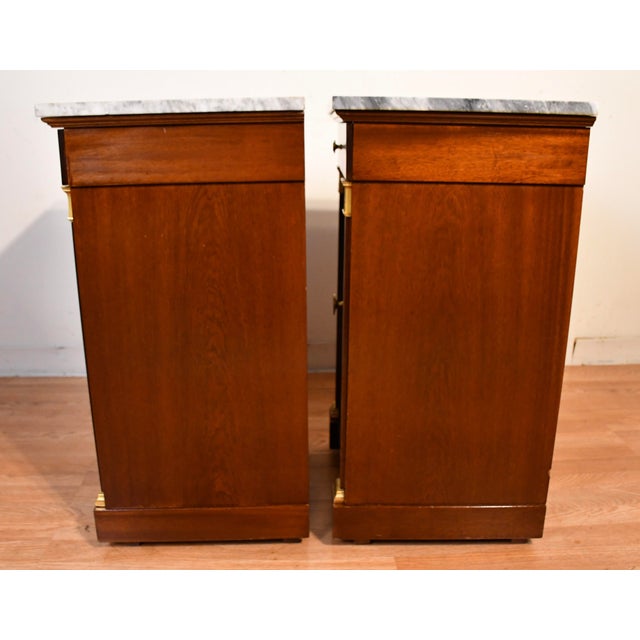 1930s French Empire Mahogany & Marble Top Pair of Nightstands / Bedside Tables For Sale - Image 18 of 18