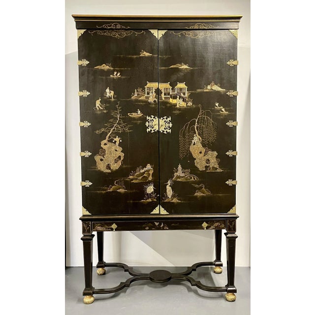 1960s Dessin Fournier, Monumental Chinoiserie Cabinets, Black Lacquer, 20th C. For Sale - Image 5 of 12