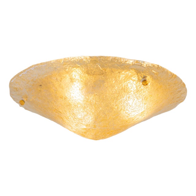 Clear and Golden Murano Glass Flush Mount with Brass Base from Sylcom Lighting, 1990s For Sale