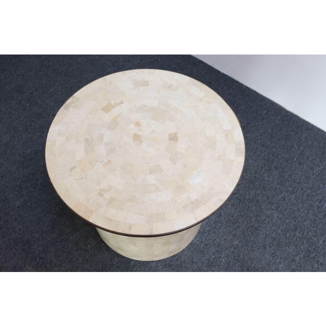 1970s Vintage Maitland Smith Drum Accent Table in Tessellated Stone With Brass Inlay For Sale - Image 5 of 12