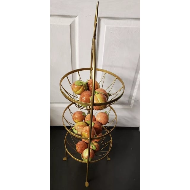 1970s Hollywood Regency Gilt Metal 3 Tier Fruit Basket With Italian Ceramic Apples For Sale - Image 4 of 8