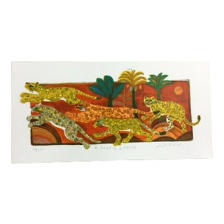 Mid Century Modern Unframed Leap of Leopards Judith Bledsoe Signed Lithograph For Sale