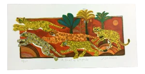 Mid Century Modern Unframed Leap of Leopards Judith Bledsoe Signed Lithograph