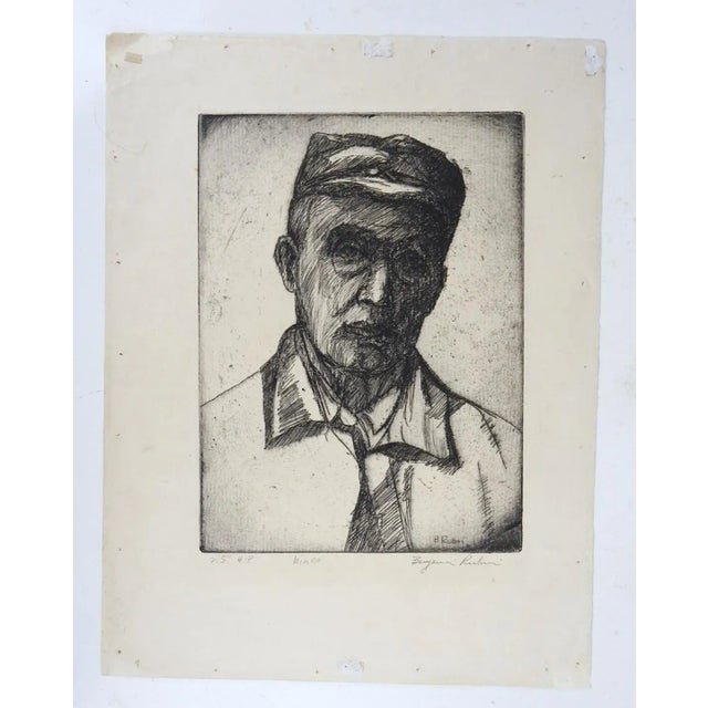 English Vintage Mid 20th Century Portrait Etching of Working Man For Sale - Image 3 of 3