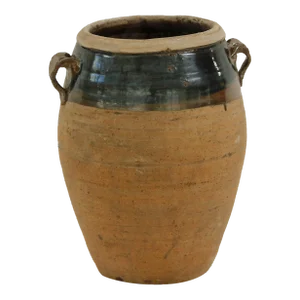 Mid-Century Vintage Brown Ceramic Two-Tone Dripped Glaze Porcelain Jar With Handles