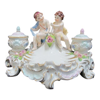 Sitzendorf Porcelain Cherub Putti Figural Inkwell Centerpiece Figurine & Inserts For Sale