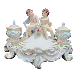 Sitzendorf Porcelain Cherub Putti Figural Inkwell Centerpiece Figurine & Inserts