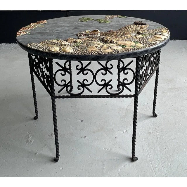 Boho Chic Ornate Grotto Shell Tiger Motif Round Marble Coffee Table With Iron Base For Sale - Image 3 of 7