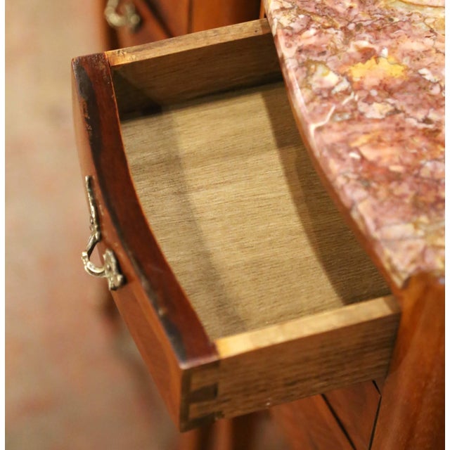 Pair of Mid-Century French Louis XV Walnut Marquetry Marble-Top Nightstands For Sale - Image 9 of 13