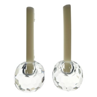 Pair of Contemporary Faceted Crystal Ball Candlesticks, 3.375 Inches For Sale