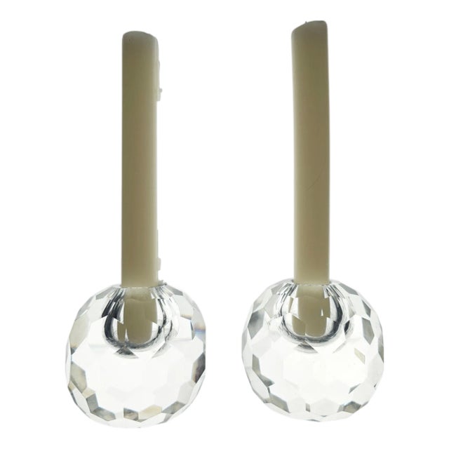 Pair of Contemporary Faceted Crystal Ball Candlesticks, 3.375 Inches For Sale
