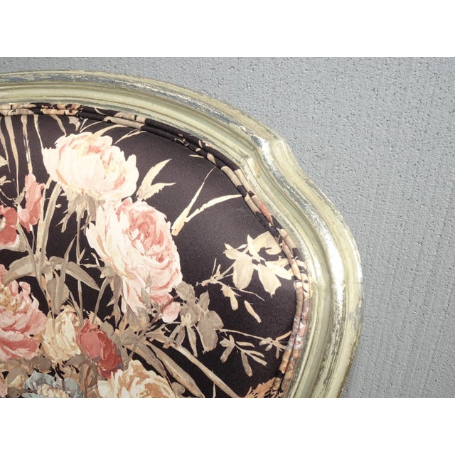 1970s Pair Vintage French Provincial Floral Arm Chairs W Silver Frames For Sale - Image 5 of 12