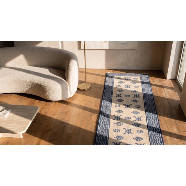 Stupefying Antique White Ground Color and Blue Border With Symbols Chinese Peking Rug For Sale In New York - Image 6 of 8