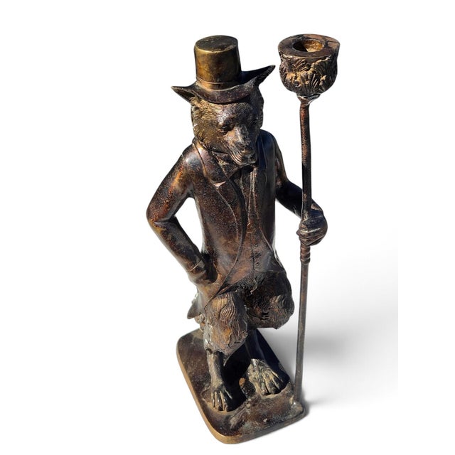 Metal 19th Century Bronze-Finish Anthropomorphic Fox or Dog Gentleman Candlestick Holder For Sale - Image 7 of 8