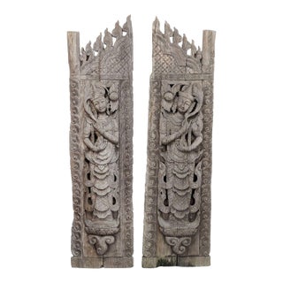Pair of Large Thai Hand-Carved Wood Architectural Panels For Sale