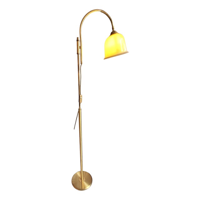 Vintage Floor Lamp with Adjustable Brass Frame and Beige Glass Shade, 1980s For Sale