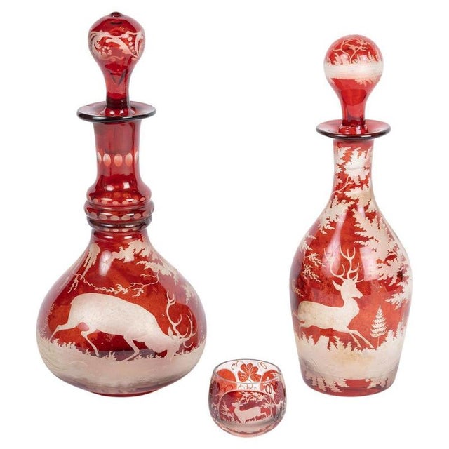 Engraved Bohemian Crystal Oil and Vinegar Set with Small Salt Shaker, Set of 3 For Sale - Image 17 of 17