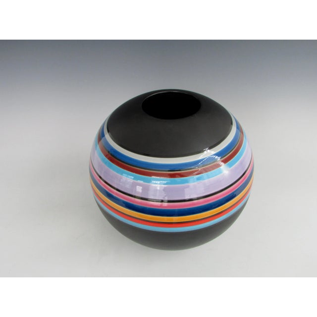 Marilyn Kay Austin Style Ball Shaped Matte Black with Multi Stripe Rainbow Vase For Sale - Image 9 of 11