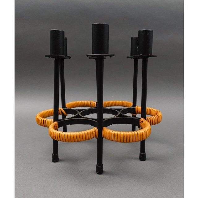 Mid 20th Century Arthur Umanoff for Raymor Iron Rattan 6-Light Candle Stick Holder Candelabra For Sale In Miami - Image 6 of 8