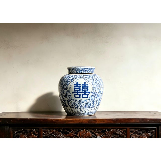 Art Deco A Pair of Chinese Ceramic Pot,Blue and White Porcelain Lid Jar Hand Painted Double Happies Pattern For Sale - Image 3 of 12
