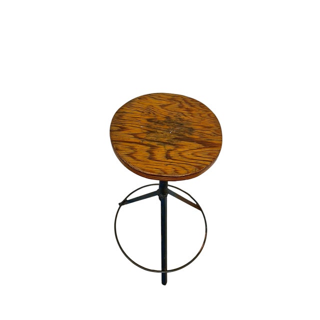 Brown Vintage Industrial Stool With Solid Wood Round Seat and Metal Tripod Base For Sale - Image 8 of 10