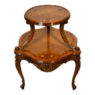 1930 French Louis XV Walnut & Satinwood Inlaid 2 Tier Side Table / End Table For Sale