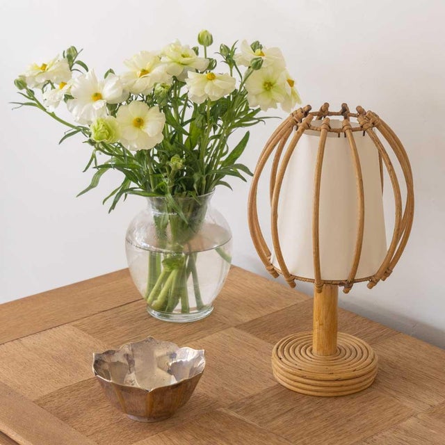 Great vintage rattan lamp from France, 1960s. Circular rattan base and stem with large rattan orb shade and new interior...