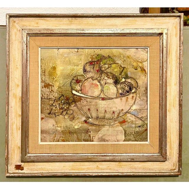 Paint Lazzaro Donati, Italian Modernist Surrealist Bowl Of Fruit Still Life Oil Painting La Fruttiera, 1961 For Sale - Image 7 of 10