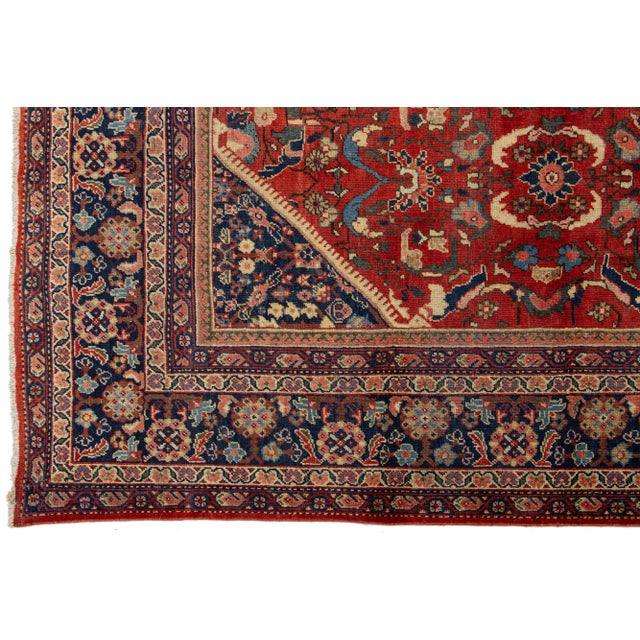 1920's Antique Floral Mahal Wool Rug Handmade in Red For Sale In New York - Image 6 of 7