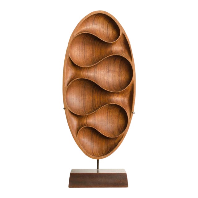 Carved Wood Almond Shaped Scuplture & Base For Sale