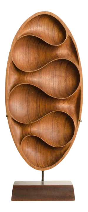 Carved Wood Almond Shaped Scuplture & Base