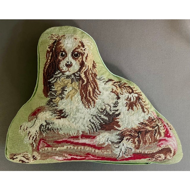 Green Needlepoint Dog Pillow of a King Charles Spaniel For Sale - Image 8 of 11