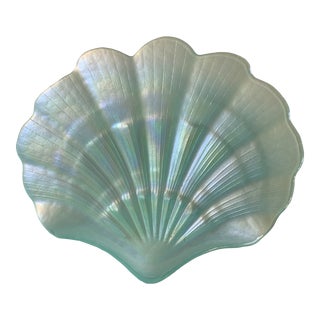 1990s Iridescent Blue Glass Scallop Plate Bowl For Sale