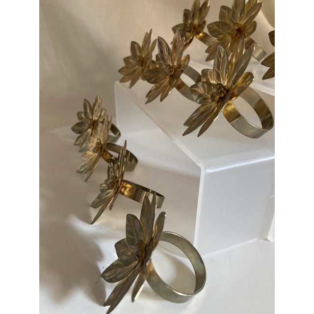 Metal 1970s Gold Metal Flower Napkin Ring Holder - Set of 10 For Sale - Image 7 of 13