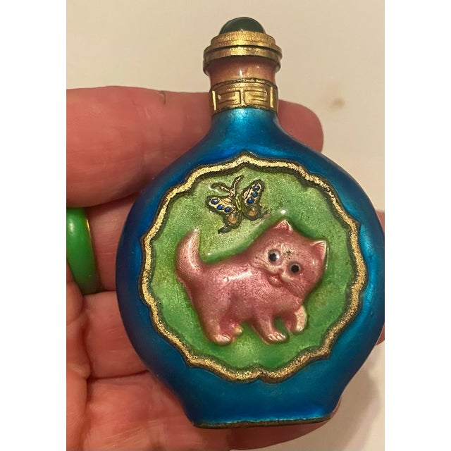 Late 20th Century Late 20th Century Colorful Enamel Snuff Bottle Perfume W/Cat & Butterfly Pink Green Blue For Sale - Image 5 of 11