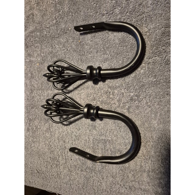 Pair Black Metal Drape Hold-Backs/Hooks For Sale - Image 4 of 7