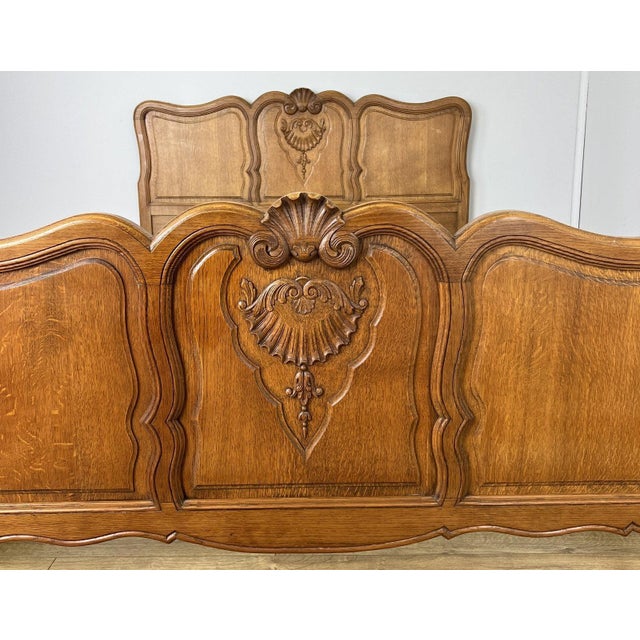 Vintage Louis XVI French Oak Double Bed Frame with Carved Headboard For Sale - Image 5 of 13