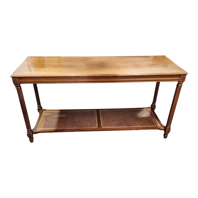 1970s Walnut Veneer and Cane Console Table For Sale
