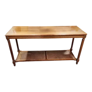 1970s Walnut Veneer and Cane Console Table