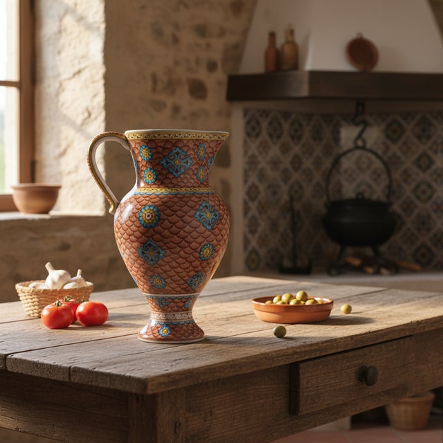 2020s Handmade Ceramic “Masrapa” Pitcher (25cm) – Classic Iznik Fish Scale Pattern – Warm Terracotta Decor For Sale - Image 5 of 11
